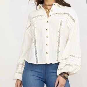 Free People Off White Cotton Button-Down Shirt with Lace & Sequin Accents Large
